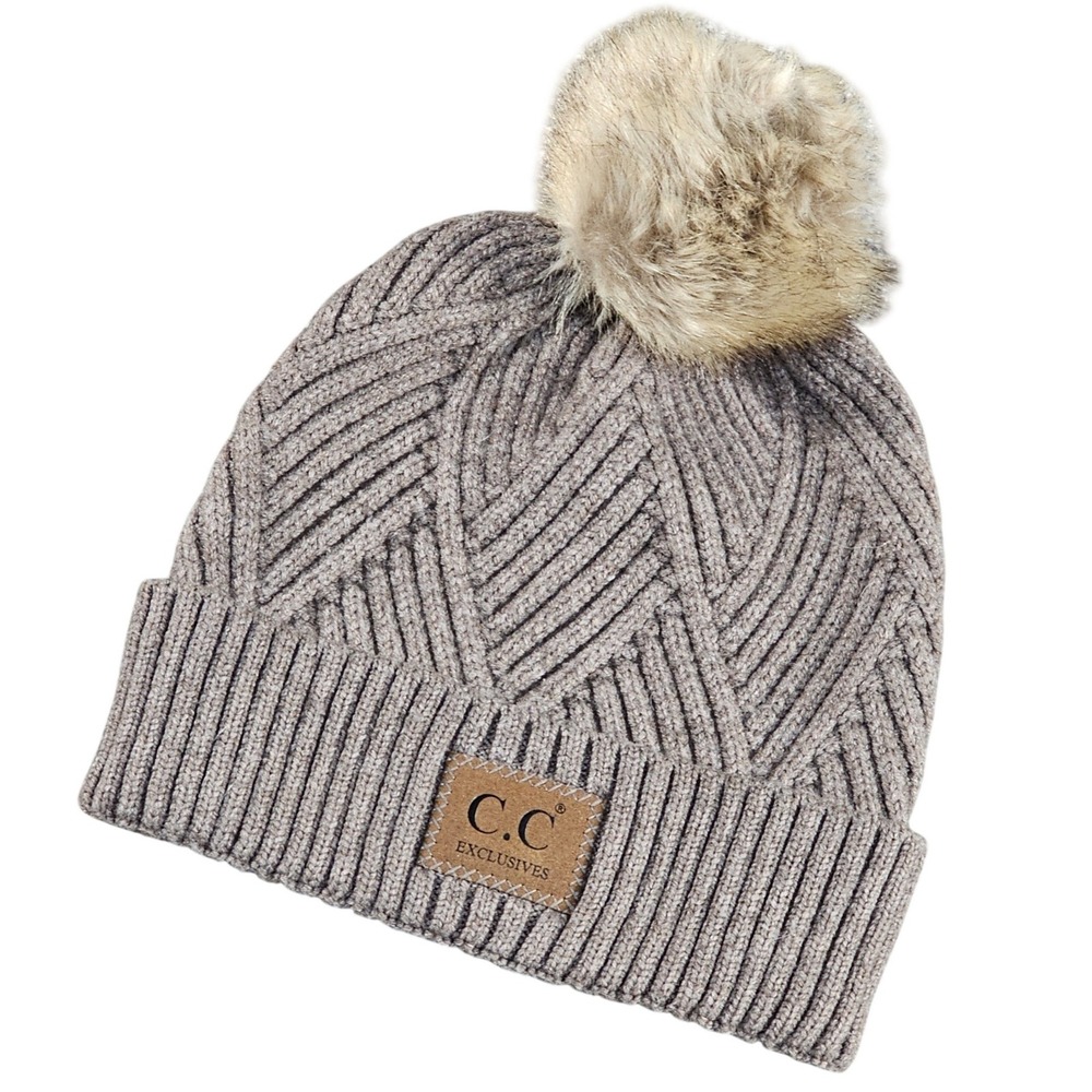 C.C. Exclusive Beanie Womens Taupe criss-cross Cable Knit Faux Fur PomPom Beanie